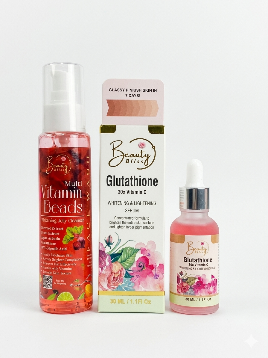 Glutathione Whitening Serum +FREE Vitamin Beads Jelly Cleanser Face Wash Combo Deal