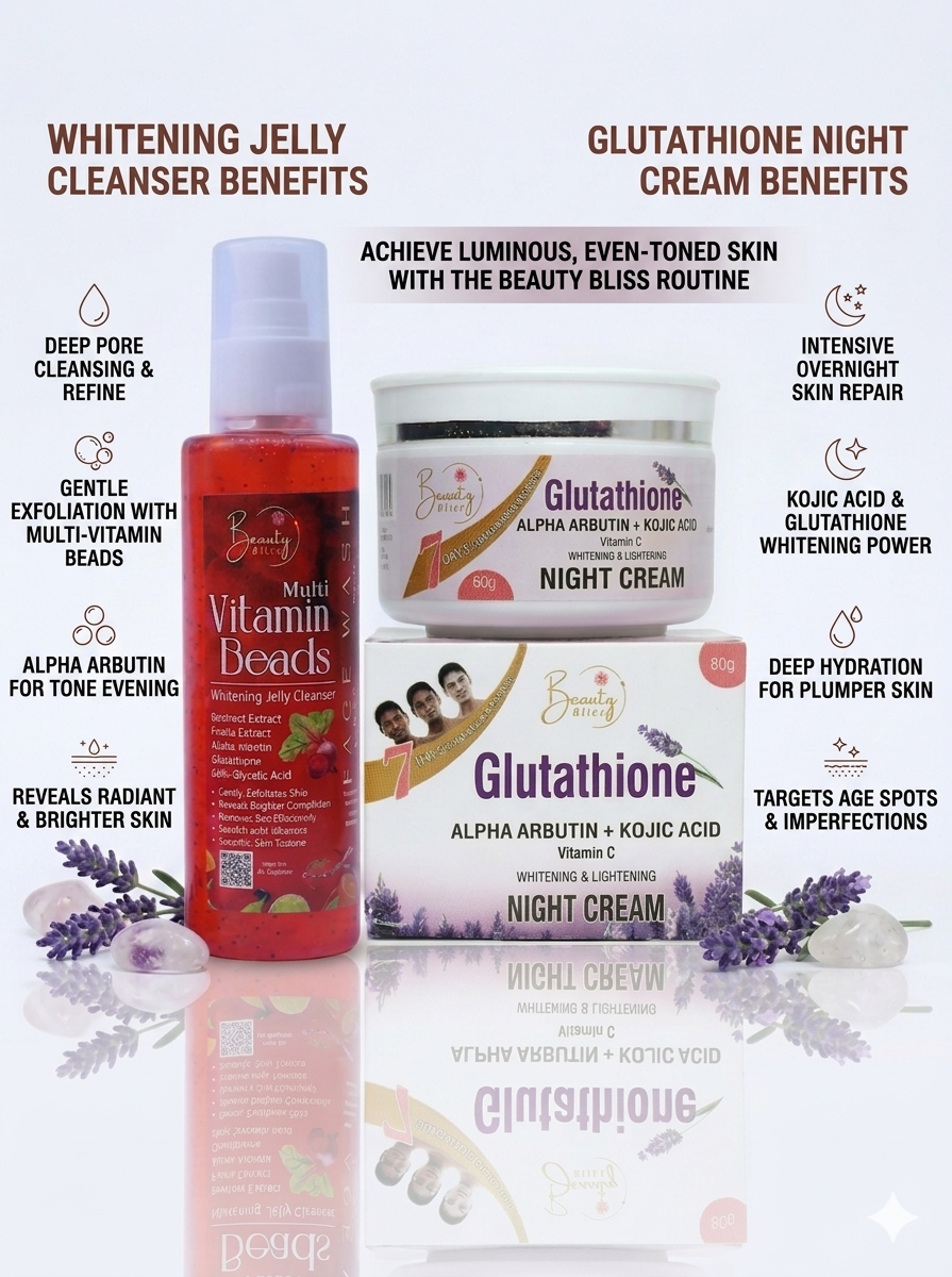 Glutathione Whitening Night Cream & Multi Vitamins Jelly Cleanser Face Wash Deal