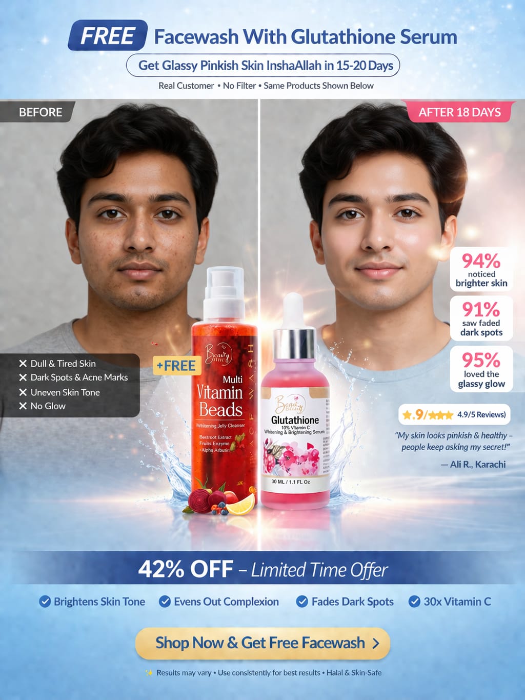 Glutathione Whitening Serum +FREE Vitamin Beads Jelly Cleanser Face Wash Combo Deal