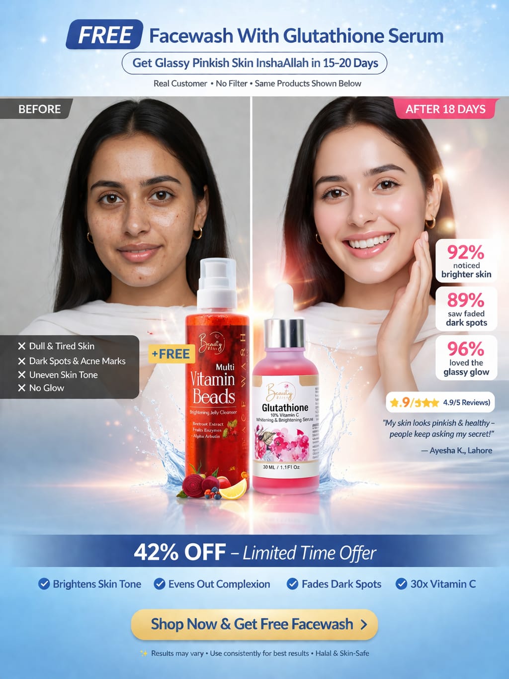 Glutathione Whitening Serum +FREE Vitamin Beads Jelly Cleanser Face Wash Combo Deal